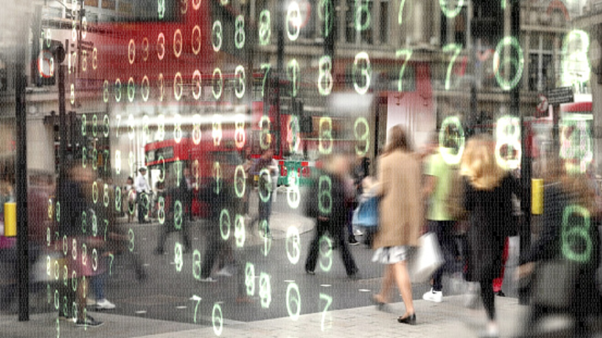 Street scene with data code across image